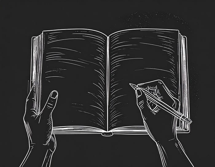 Imagem em fundo preto com desenho em giz branco de um livro aberto e uma mão escrevendo algo no livro. Fim da descrição.
