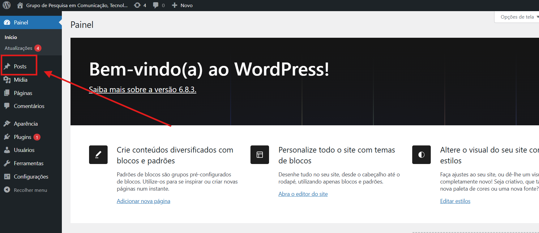 Imagem mostrando o menu 'Posts' no painel do WordPress.