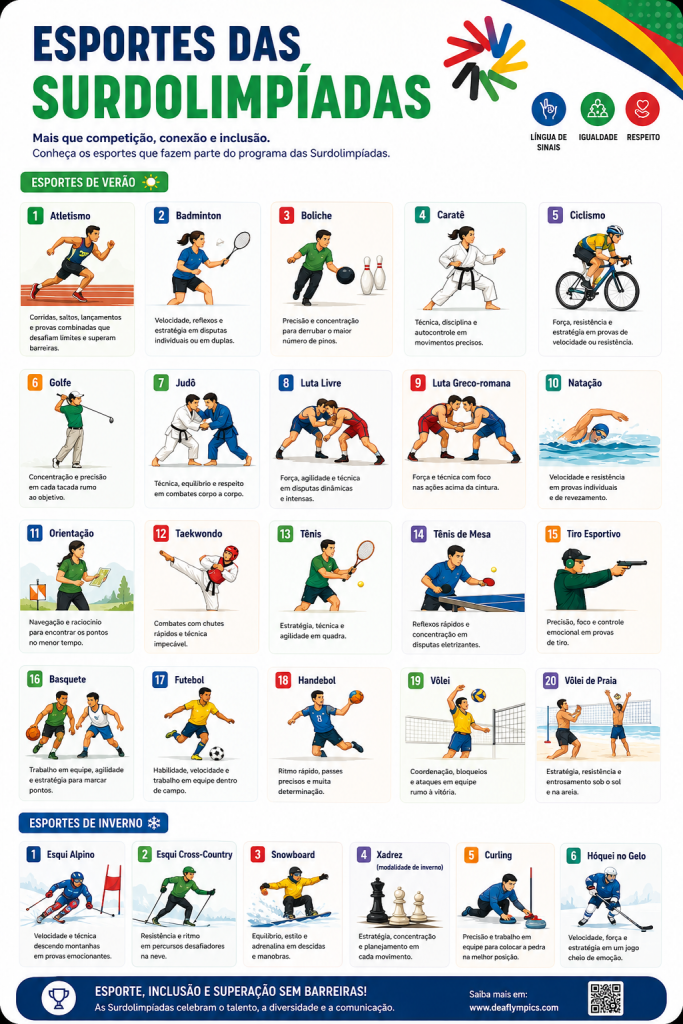 Audiodescrição: imagem como desenhos de todas as modalidades das surdolimpíadas. Esportes de verão: Atletismo, Badminton, Boliche, Caratê, Ciclismo, Golfe, Judô, Luta Livre, Luta Greco-romana, Natação, Orientação, Taekwondo, Tênis, Tênis de Mesa, Tiro Esportivo, Basquete, Futebol, Handebol, Vôlei e Vôlei de Praia. Esportes de Inverno: Esqui Alpino, Esqui Cross-Country, Snowboard, Xadrez (modalidade de inverno), Curling, Hóquei no Gelo. Fim da descrição.