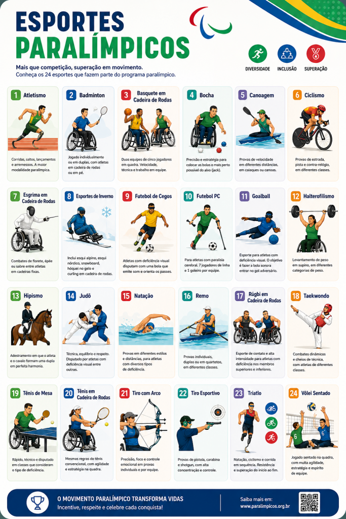 infográfico apresentando os seguintes esportes paralímpicos: Atletismo, Badminton, Basquete em Cadeira de Rodas, Bocha, Canoagem, Ciclismo, Esgrima em Cadeira de Rodas, Futebol de Cegos, Goalball, Halterofilismo, Hipismo, Judô, Natação, Remo, Rúgbi em Cadeira de Rodas, Taekwondo, Tênis de Mesa, Tênis em Cadeira de Rodas, Tiro com Arco, Tiro Esportivo, Triatlo, Vôlei Sentado. Fim da descrição.