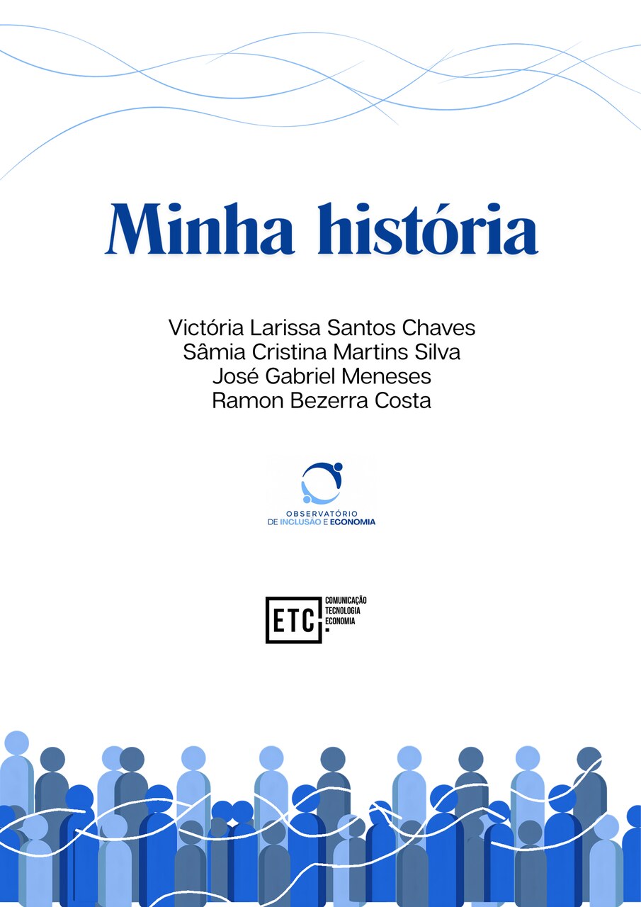 Capa do e-book Minha História: fundo branco, título em azul royal, linhas onduladas azuis translúcidas ao fundo, e uma faixa de silhuetas humanas em tons de azul na base, representando a diversidade das histórias reunidas na publicação.