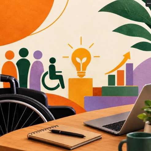 Imagem em ambiente de trabalho inclusivo. Em primeiro plano, uma mesa de madeira clara com um notebook prateado aberto, um caderno com caneta preta, uma caneca verde e parte de uma cadeira de rodas preta à esquerda.Ao fundo, parede com ilustração em tons de laranja, verde e roxo. Da esquerda para a direita, há ícones de quatro pessoas lado a lado em cores laranja, verde e roxa, sendo uma pessoa em cadeira de rodas verde. Ao centro, uma lâmpada laranja acesa com um broto dentro, sobre um bloco amarelo. À direita, um gráfico de barras colorido em roxo, verde e laranja com uma seta amarela apontando para cima. No canto superior direito, folhas verdes grandes.